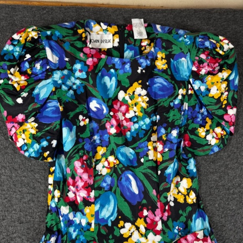 Vintage 80s Colorful Floral Cocktail Dress Size 6 Rhinestone Bow Puff Sleeve - Picture 2 of 13